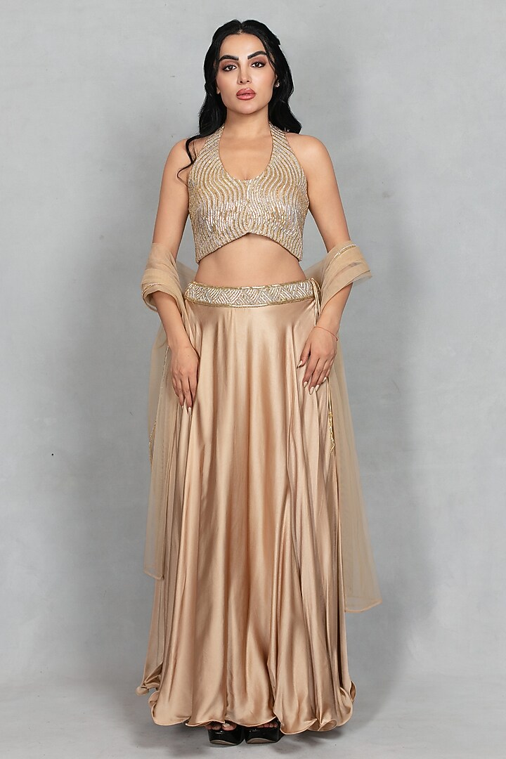 Beige Gold Satin Wedding Lehenga Set by Bohame at Pernia's Pop Up Shop
