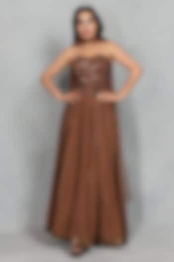 Mocha Brown Cupro Crepe Linear Embroidered Wedding Lehenga Set by Bohame at Pernia's Pop Up Shop