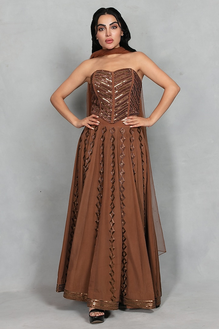 Mocha Brown Cupro Crepe Linear Embroidered Wedding Lehenga Set by Bohame at Pernia's Pop Up Shop
