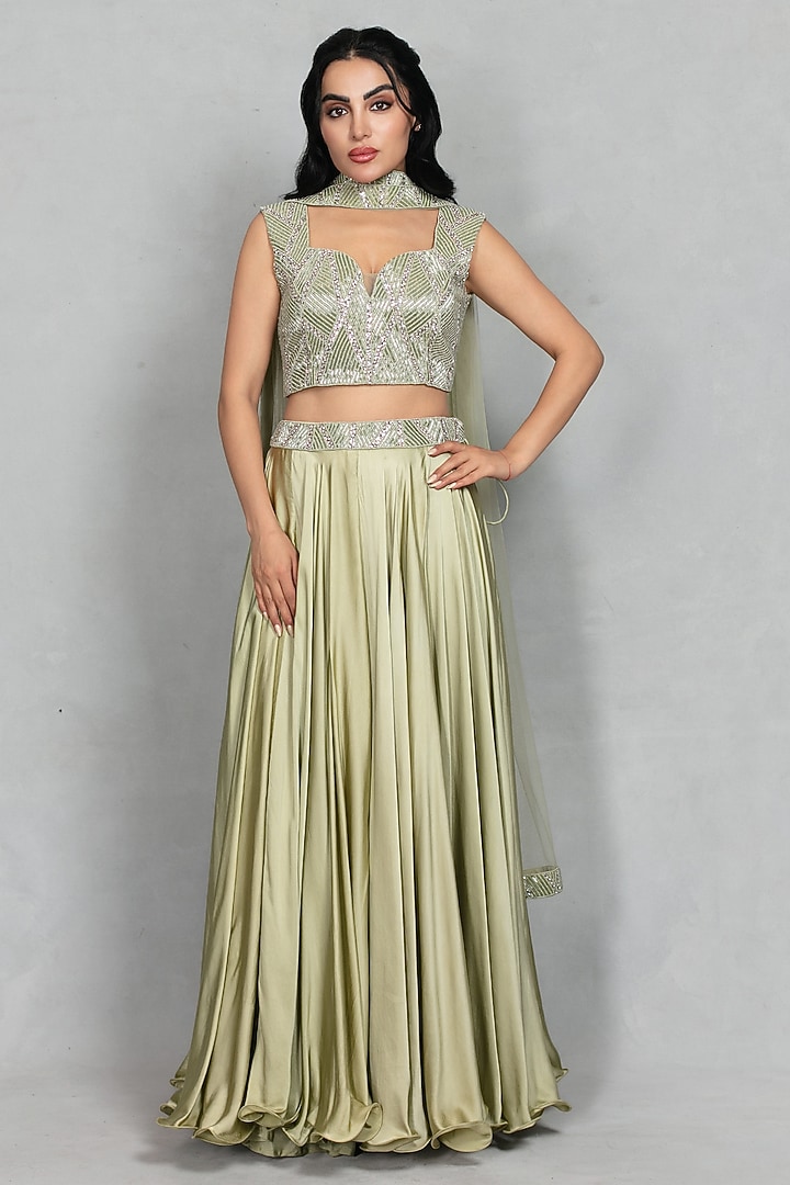 Sage Green Satin Wedding Lehenga Set by Bohame at Pernia's Pop Up Shop