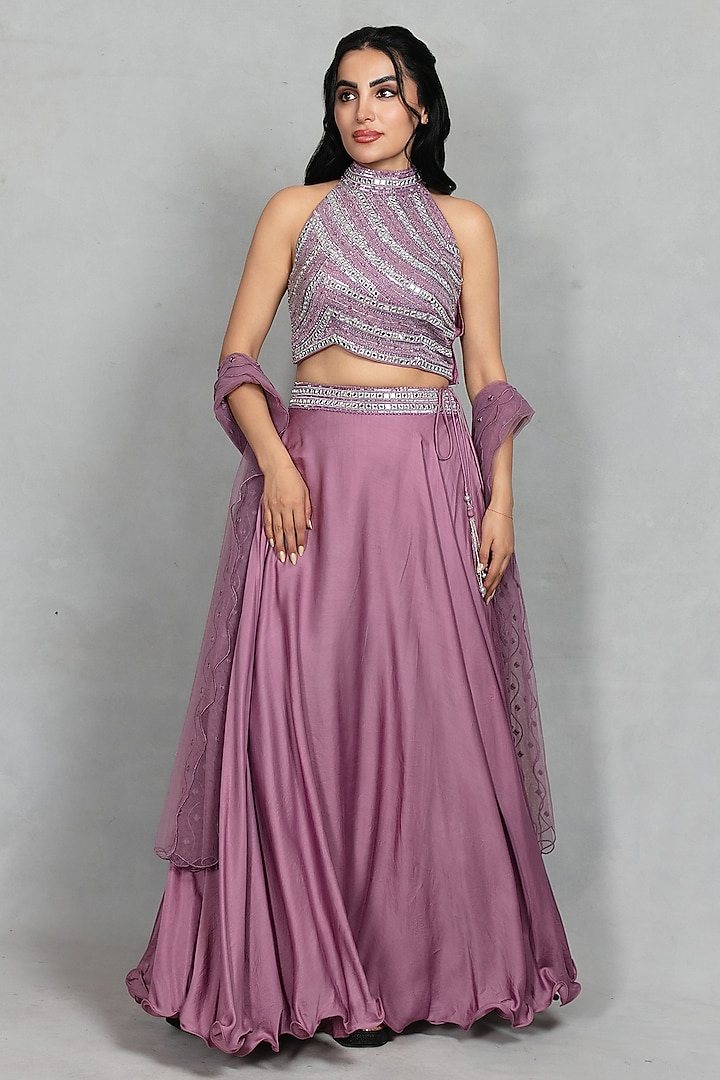 Mauve Satin Wedding Lehenga Set by Bohame at Pernia's Pop Up Shop