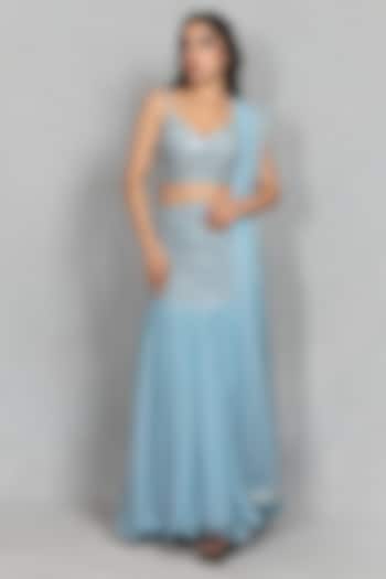 Light Blue Cupro Crepe Mirror Embroidered Wedding Lehenga Set by Bohame at Pernia's Pop Up Shop