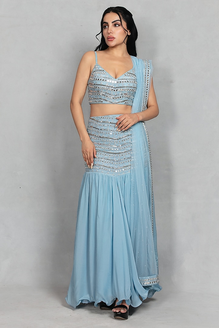 Light Blue Cupro Crepe Mirror Embroidered Wedding Lehenga Set by Bohame at Pernia's Pop Up Shop