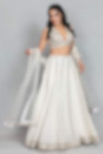 Off-White Cupro Crepe Linear Embroidered Wedding Lehenga Set by Bohame at Pernia's Pop Up Shop