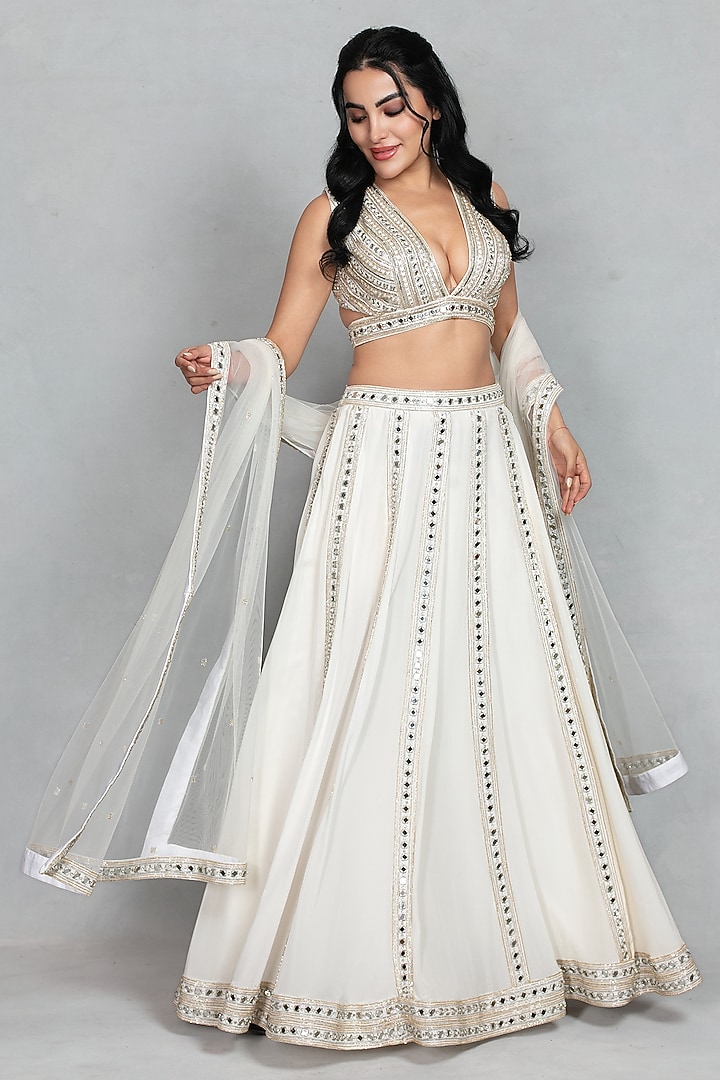 Off-White Cupro Crepe Linear Embroidered Wedding Lehenga Set by Bohame at Pernia's Pop Up Shop