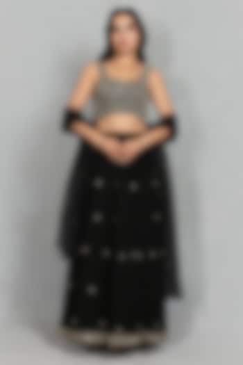 Black Cupro Crepe Linear Embroidered Wedding Lehenga Set by Bohame at Pernia's Pop Up Shop
