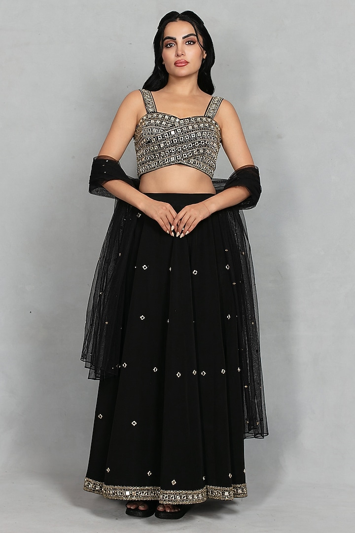 Black Cupro Crepe Linear Embroidered Wedding Lehenga Set by Bohame at Pernia's Pop Up Shop