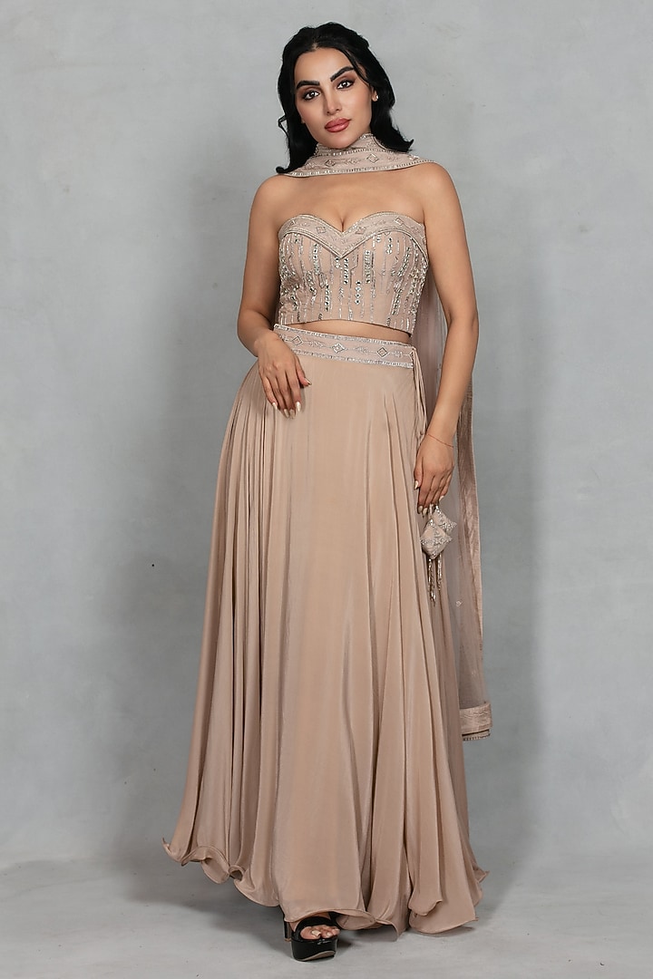 Champagne Satin Wedding Lehenga Set by Bohame at Pernia's Pop Up Shop