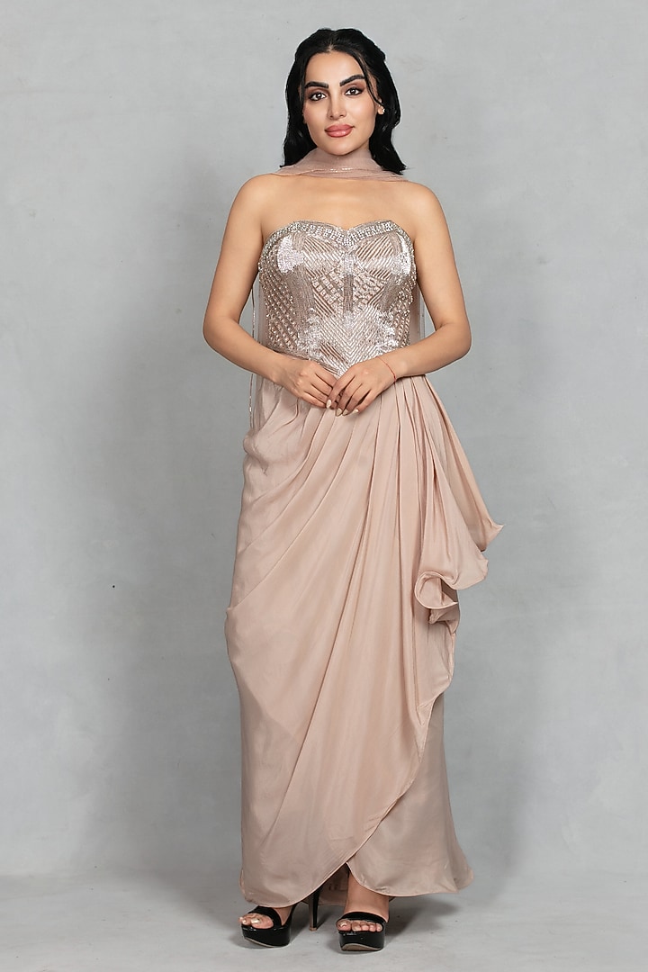 Champagne Cupro Crepe Draped Skirt Set by Bohame at Pernia's Pop Up Shop