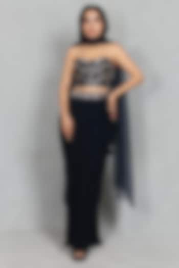 Navy Blue Cupro Crepe Draped Skirt Set by Bohame at Pernia's Pop Up Shop