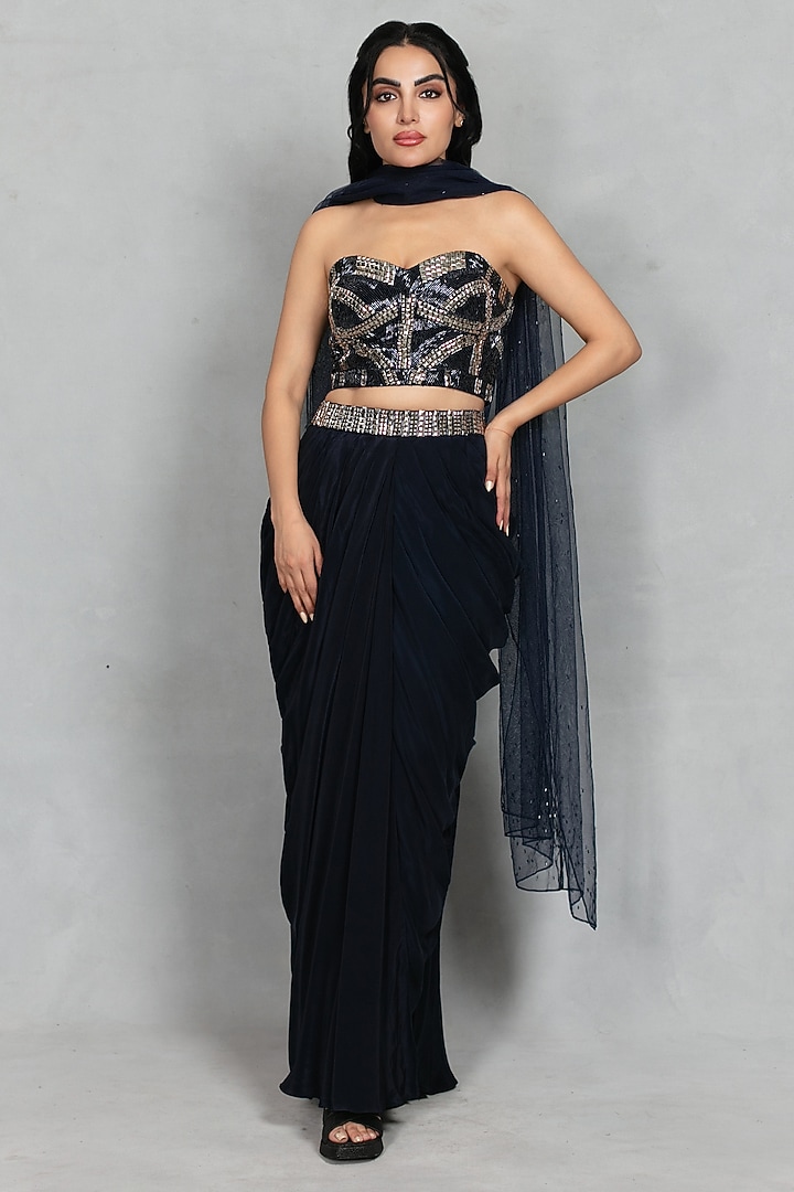 Navy Blue Cupro Crepe Draped Skirt Set by Bohame at Pernia's Pop Up Shop