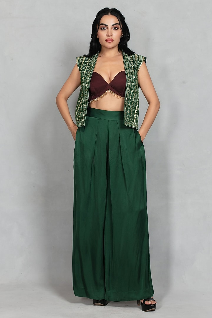 Bottle Green Satin Pleated Wide-Leg Trousers Set by Bohame at Pernia's Pop Up Shop