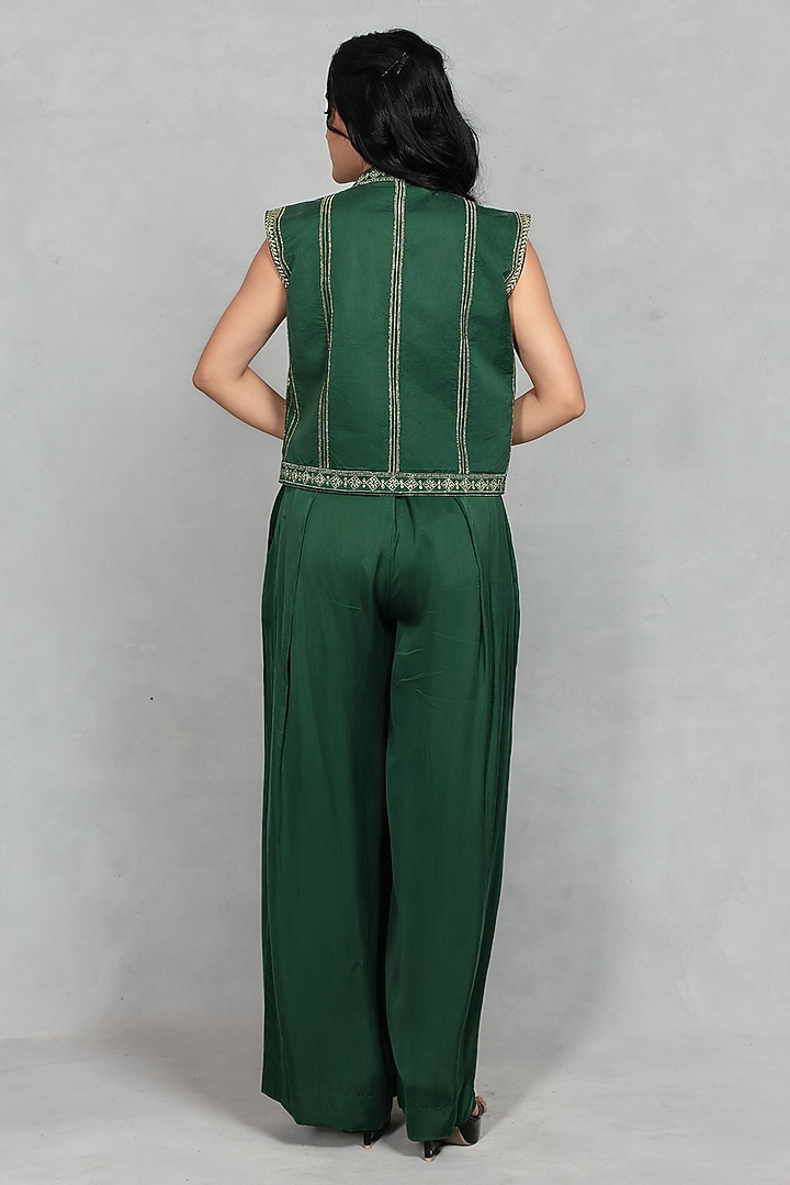 Bottle Green Satin Pleated Wide-Leg Trousers Set by Bohame at Pernia's Pop Up Shop