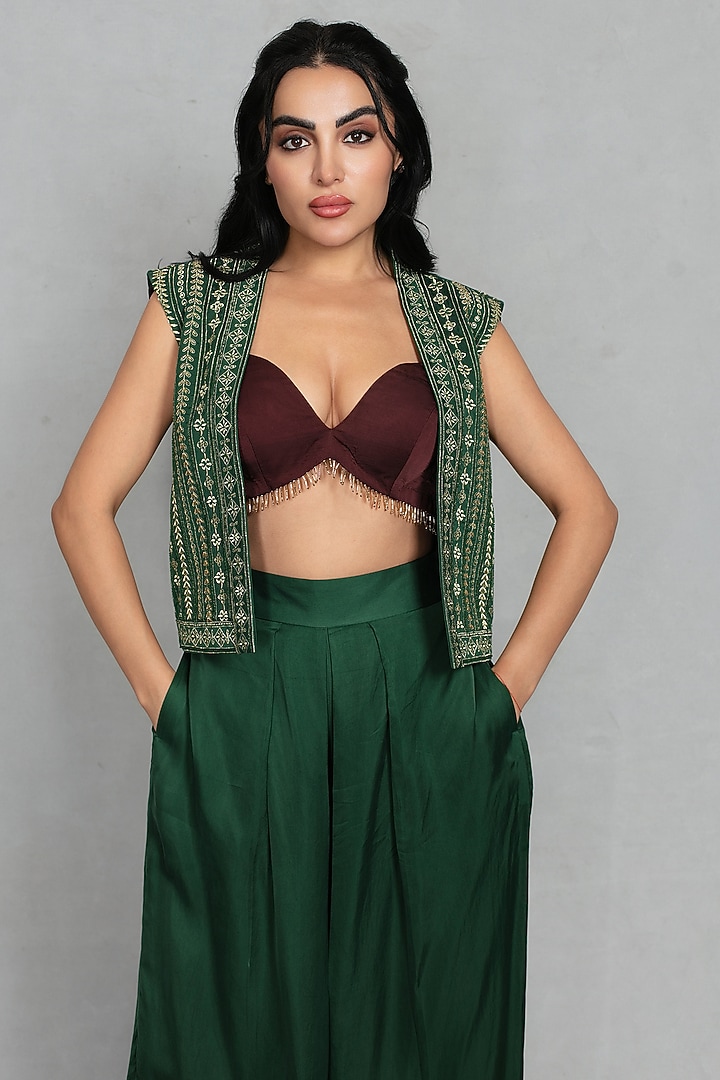 Bottle Green Satin Pleated Wide-Leg Trousers Set by Bohame at Pernia's Pop Up Shop