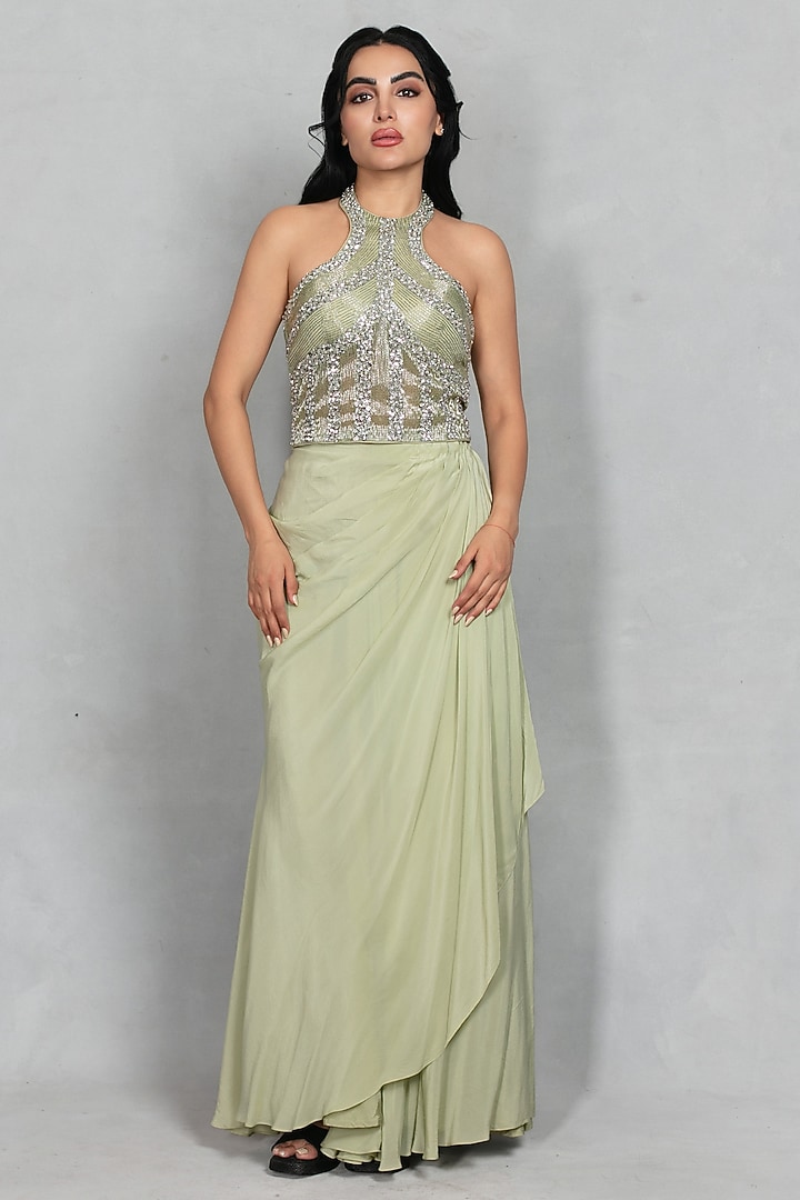 Sage Green Cupro Crepe Gathered Skirt Set by Bohame at Pernia's Pop Up Shop