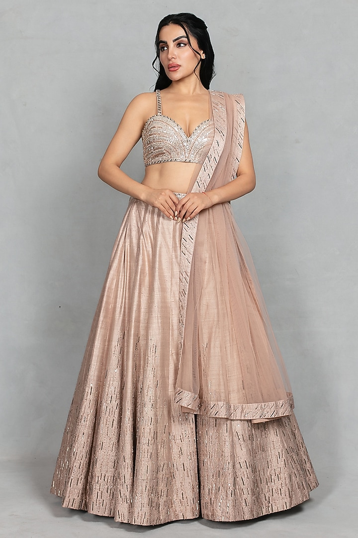 Champagne Raw Silk Hand Embroidered Wedding Lehenga Set by Bohame at Pernia's Pop Up Shop