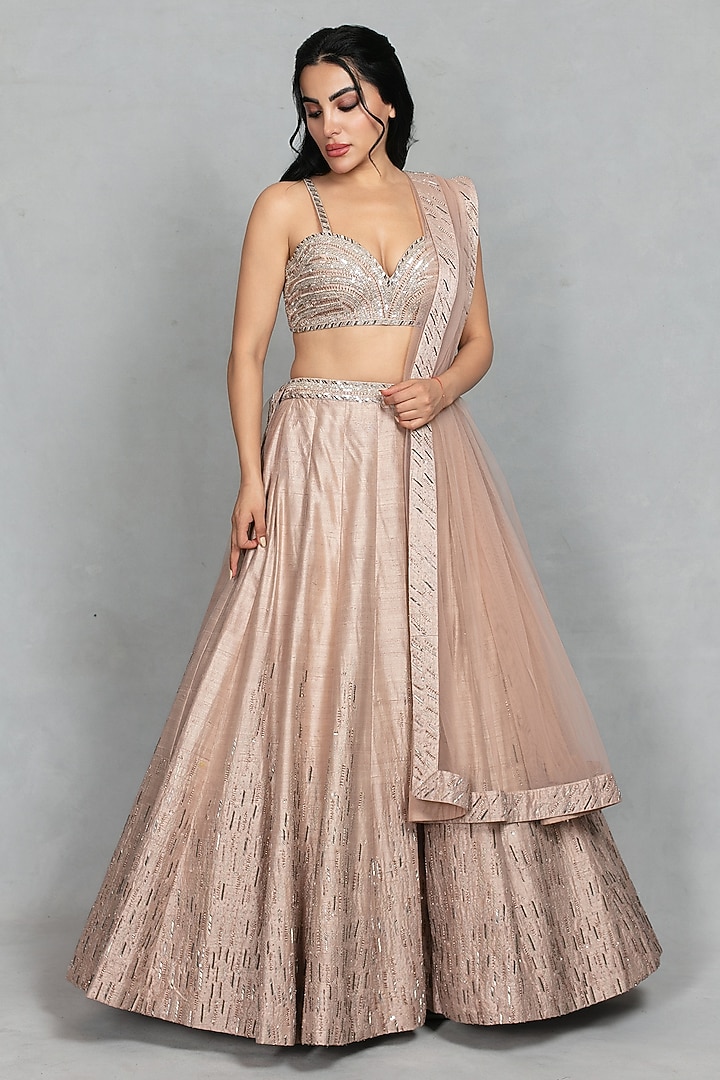 Champagne Raw Silk Hand Embroidered Wedding Lehenga Set by Bohame at Pernia's Pop Up Shop
