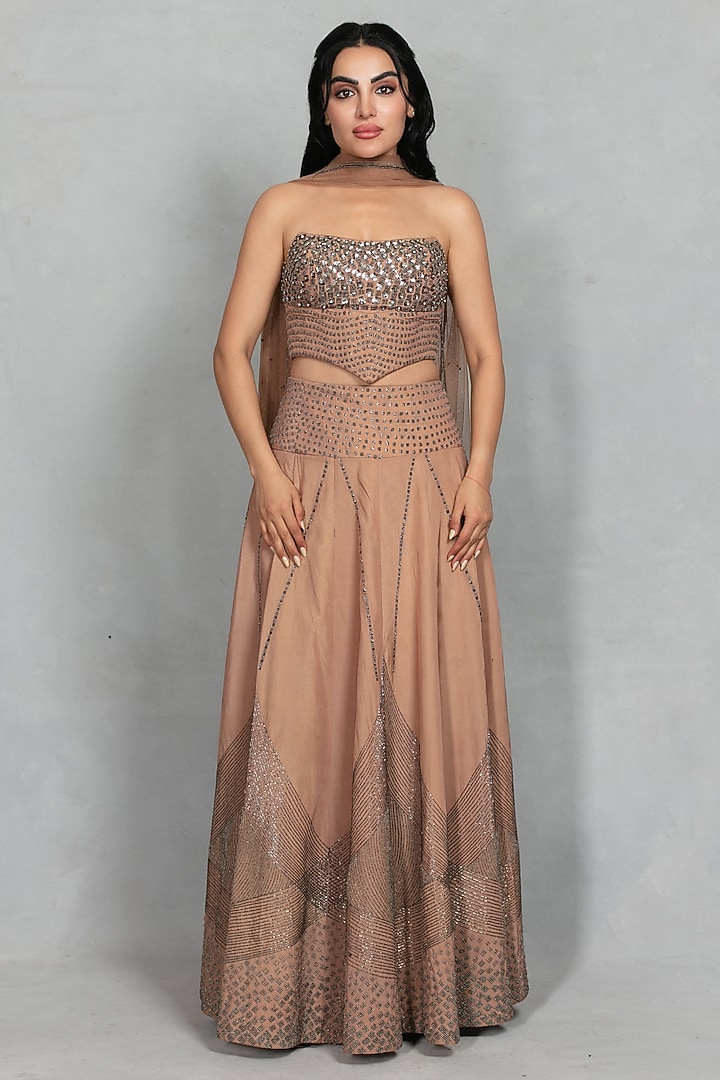 Rose Gold Cupro Crepe Hand Embroidered Wedding Lehenga Set by Bohame at Pernia's Pop Up Shop