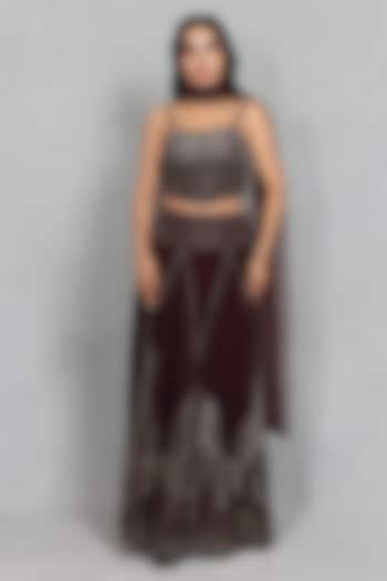 Wine Cupro Crepe Hand Embroidered Wedding Lehenga Set by Bohame at Pernia's Pop Up Shop
