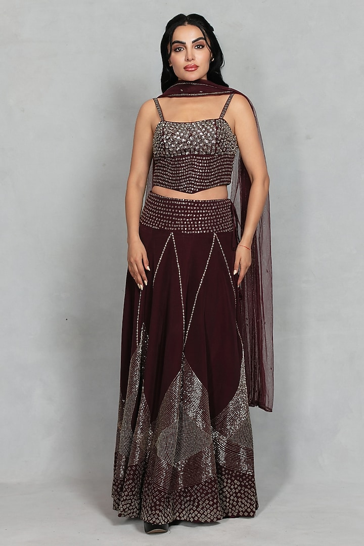 Wine Cupro Crepe Hand Embroidered Wedding Lehenga Set by Bohame at Pernia's Pop Up Shop