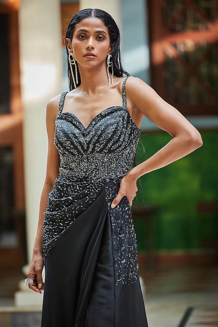 Black Satin Chiffon Hand Embroidered Engagement Gown by Bohame at Pernia's Pop Up Shop
