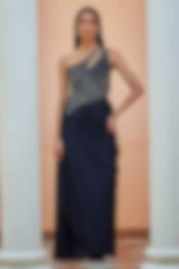 Blue Satin Chiffon Hand Embroidered Gown by Bohame at Pernia's Pop Up Shop