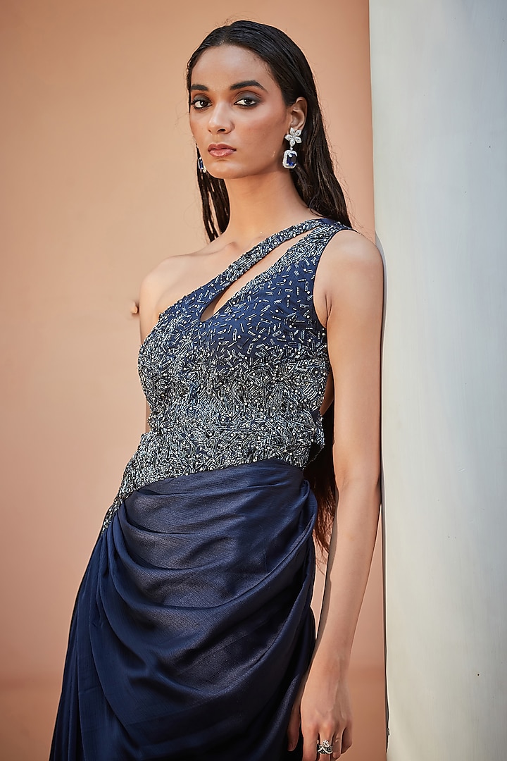 Blue Satin Chiffon Hand Embroidered Engagement Gown by Bohame at Pernia's Pop Up Shop