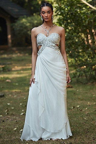 Ivory Cupro Crepe Hand Embroidered Gown by Bohame