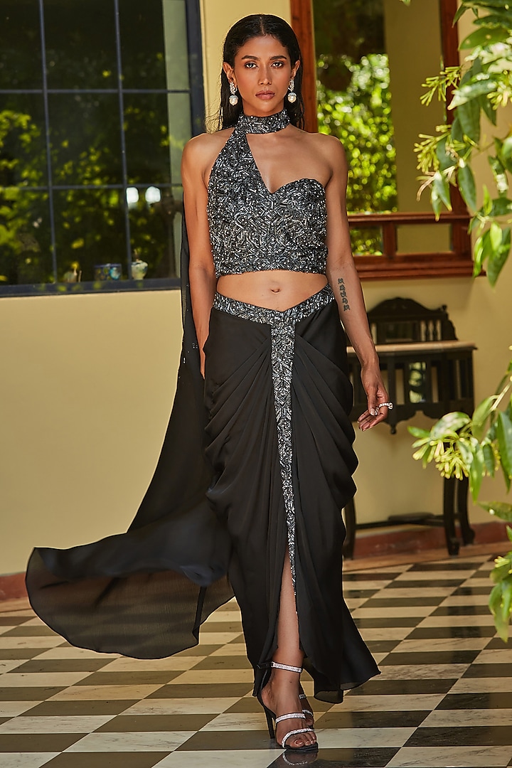 Black Satin Chiffon Hand Embroidered Pre-Draped Concept Saree Set by Bohame at Pernia's Pop Up Shop