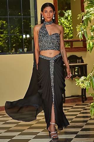 Black Satin Chiffon Hand Embroidered Pre-Draped Concept Saree Set by Bohame