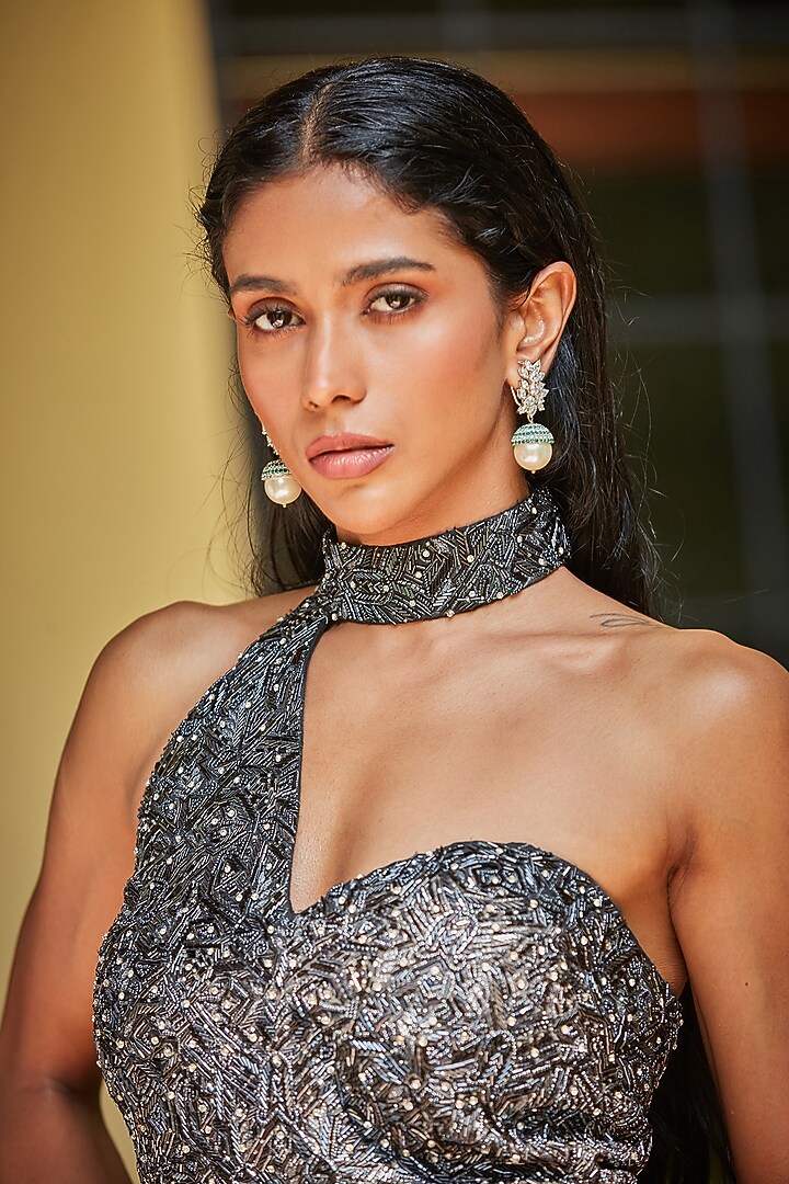 Black Satin Chiffon Hand Embroidered Pre-Draped Concept Wedding Saree Set by Bohame at Pernia's Pop Up Shop