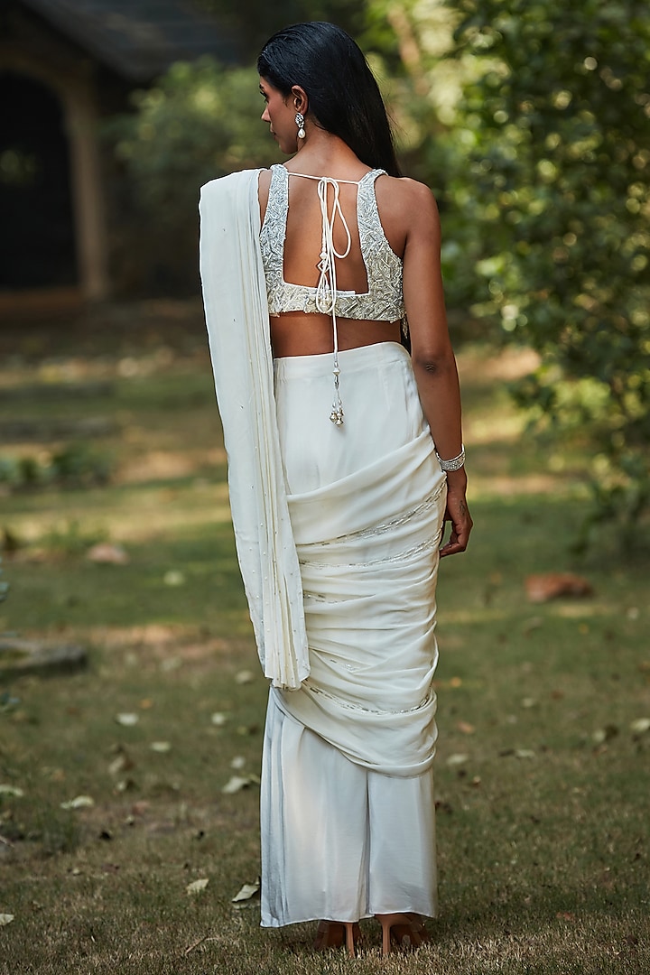 Off-White Satin Chiffon Hand Embroidered Pre-Draped Wedding Saree Set by Bohame at Pernia's Pop Up Shop