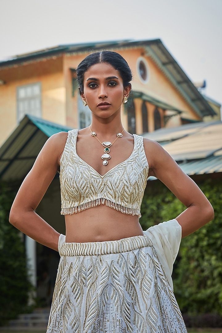 Off-White Raw Silk Hand Embroidered Bridal Lehenga Set by Bohame at Pernia's Pop Up Shop