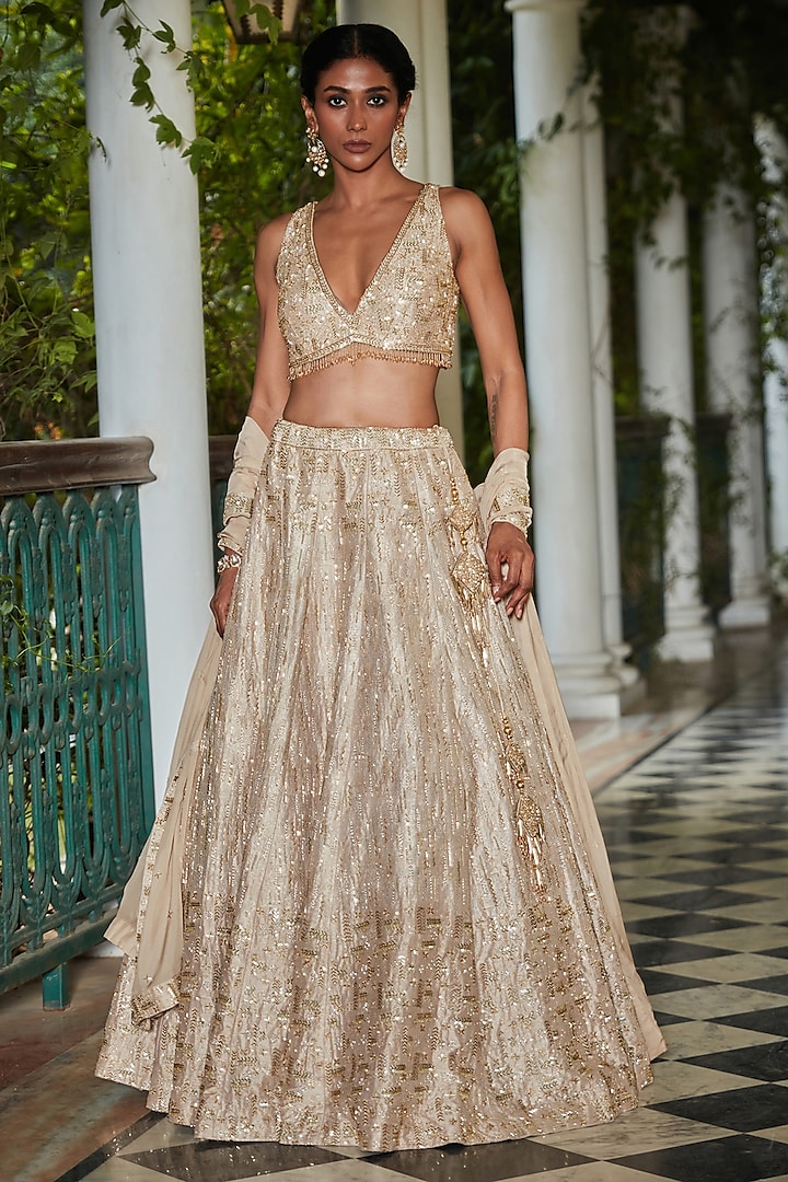 Beige Gold Raw Silk Hand Embroidered Bridal Lehenga Set by Bohame at Pernia's Pop Up Shop