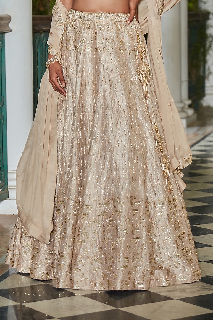 Beige Gold Raw Silk Hand Embroidered Bridal Lehenga Set by Bohame at Pernia's Pop Up Shop