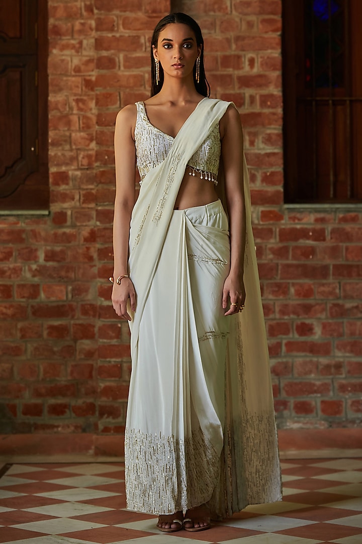 Off-White Cupro Crepe Hand Embroidered Pre-Draped Saree Set by Bohame at Pernia's Pop Up Shop