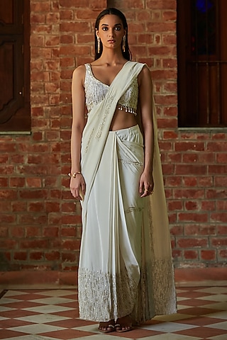 Off-White Cupro Crepe Hand Embroidered Pre-Draped Saree Set by Bohame