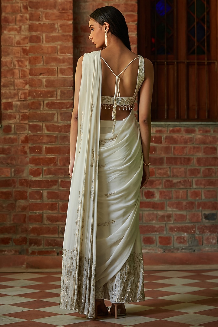 Off-White Cupro Crepe Hand Embroidered Pre-Draped Wedding Saree Set by Bohame at Pernia's Pop Up Shop