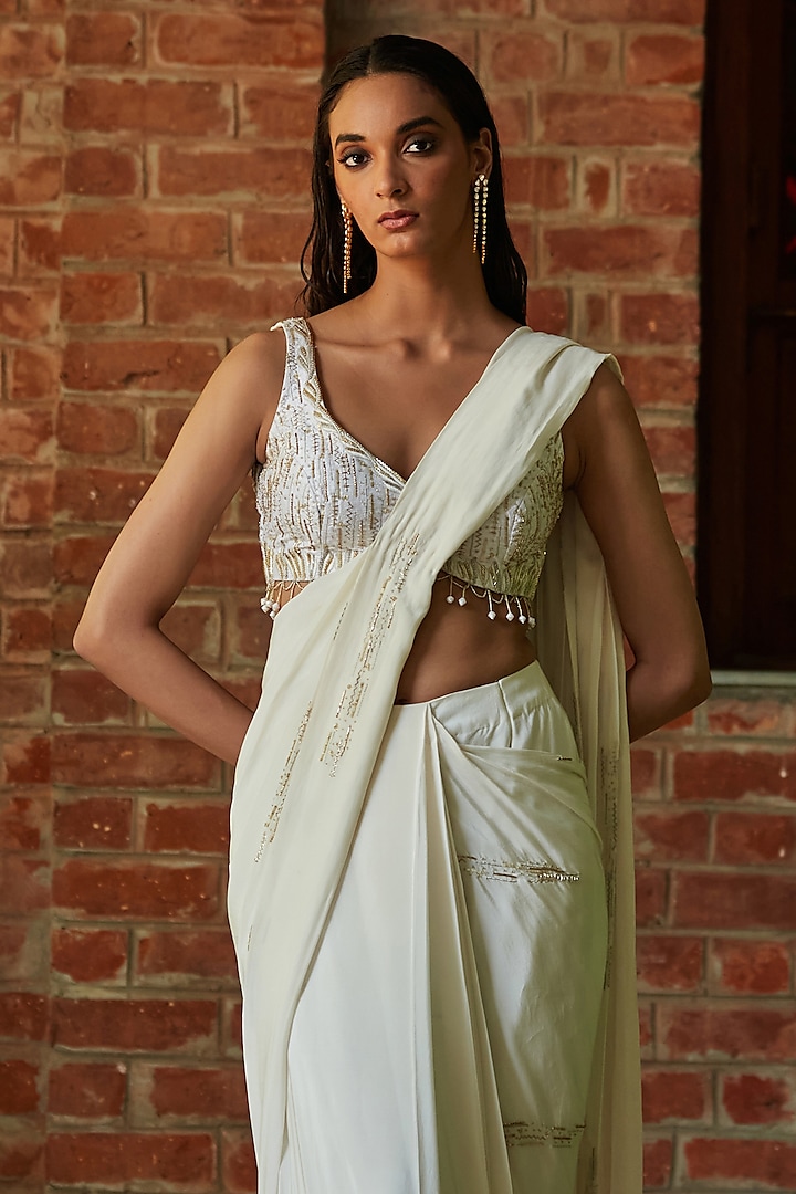 Off-White Cupro Crepe Hand Embroidered Pre-Draped Wedding Saree Set by Bohame at Pernia's Pop Up Shop