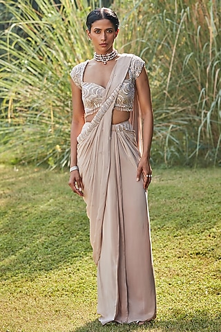 Champagne Cupro Crepe Hand Embroidered Pre-Draped Saree Set by Bohame