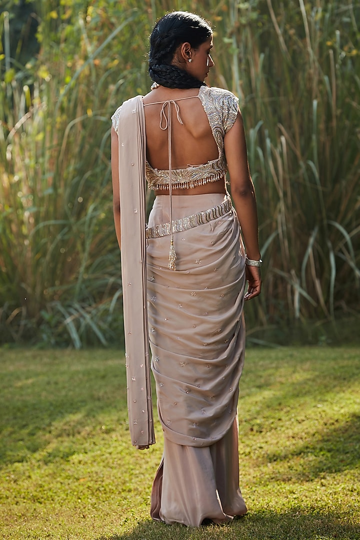 Champagne Cupro Crepe Hand Embroidered Pre-Draped Wedding Saree Set by Bohame at Pernia's Pop Up Shop