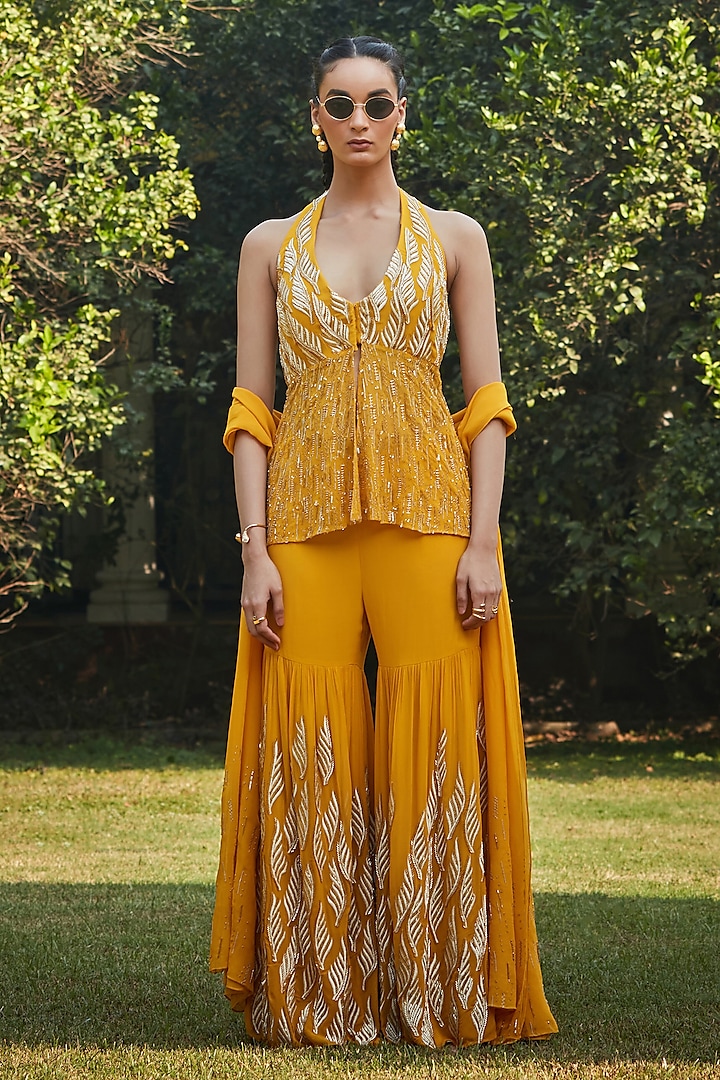 Mustard Georgette Hand Embroidered Gharara Set by Bohame at Pernia's Pop Up Shop