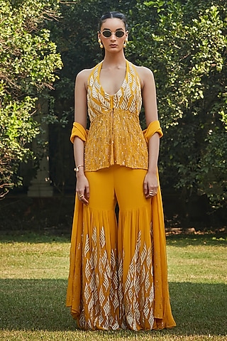 Mustard Georgette Hand Embroidered Gharara Set by Bohame