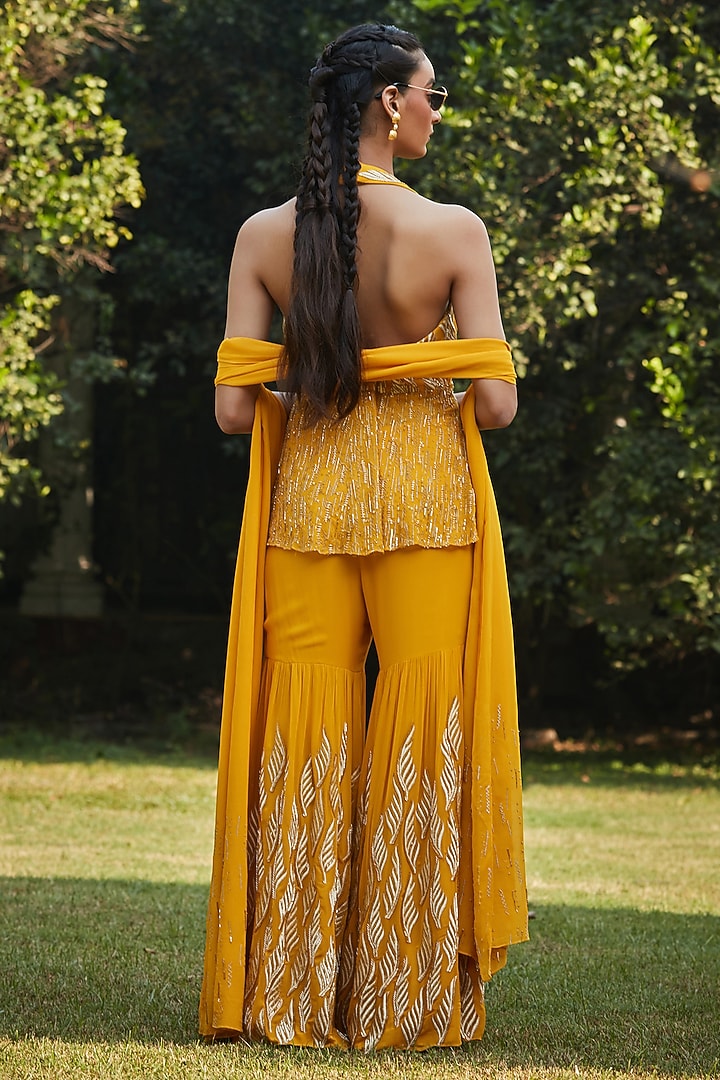 Mustard Georgette Hand Embroidered Gharara Set by Bohame at Pernia's Pop Up Shop