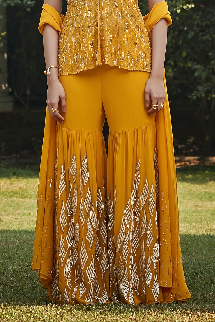 Mustard Georgette Hand Embroidered Gharara Set by Bohame at Pernia's Pop Up Shop