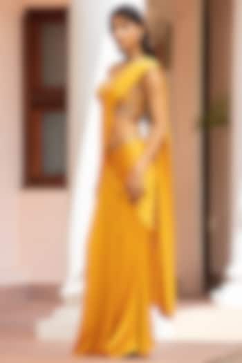 Mustard Satin Chiffon Draped Wedding Saree Set by Bohame at Pernia's Pop Up Shop