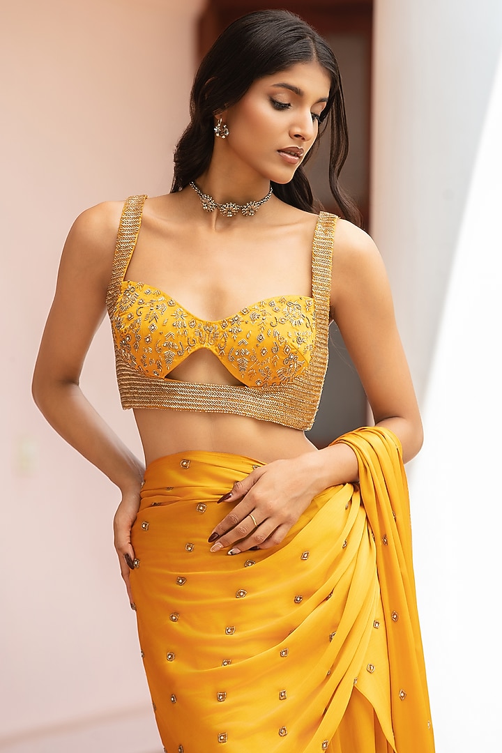 Mustard Satin Chiffon Draped Wedding Saree Set by Bohame at Pernia's Pop Up Shop