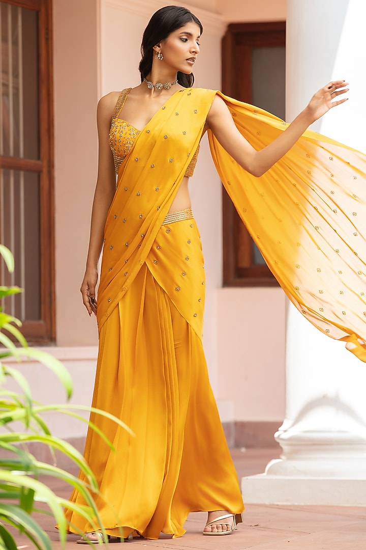 Mustard Satin Chiffon Draped Wedding Saree Set by Bohame at Pernia's Pop Up Shop