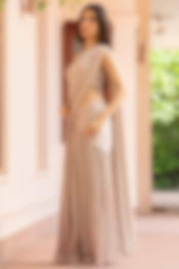 Champagne Satin Chiffon Draped Wedding Saree Set by Bohame at Pernia's Pop Up Shop