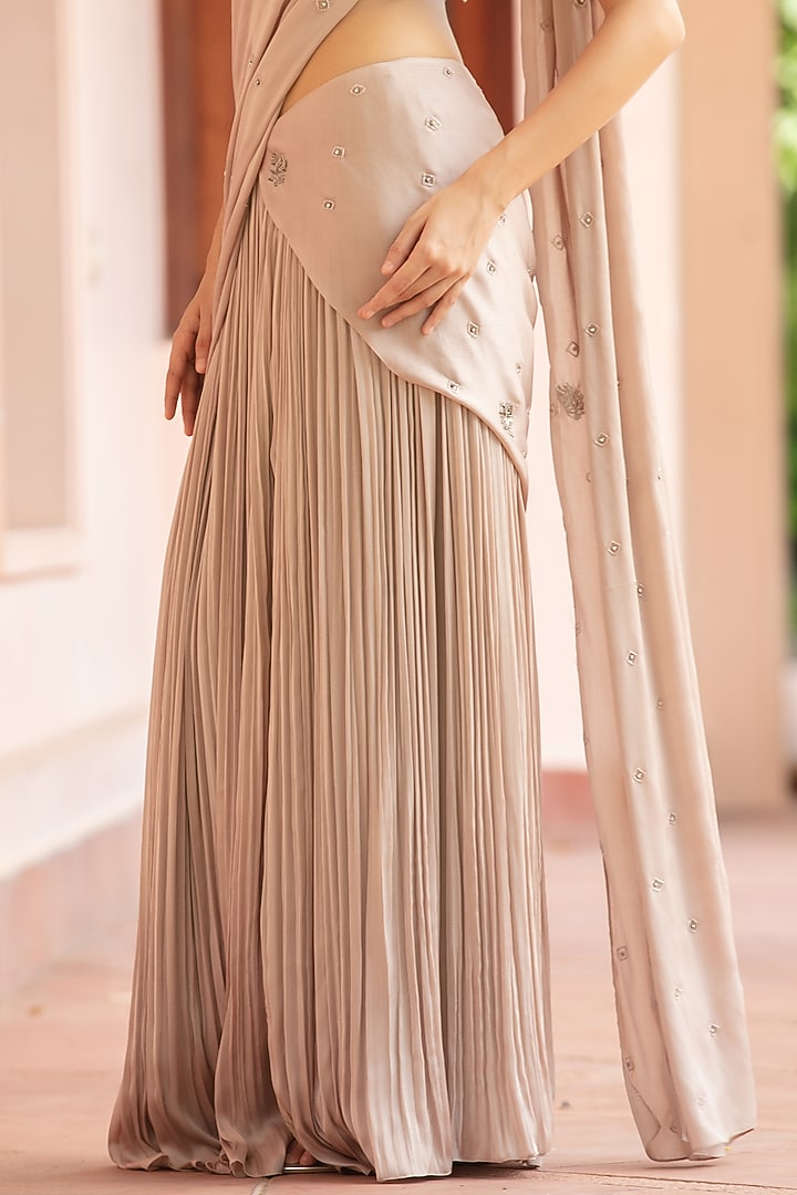 Champagne Satin Chiffon Draped Wedding Saree Set by Bohame at Pernia's Pop Up Shop